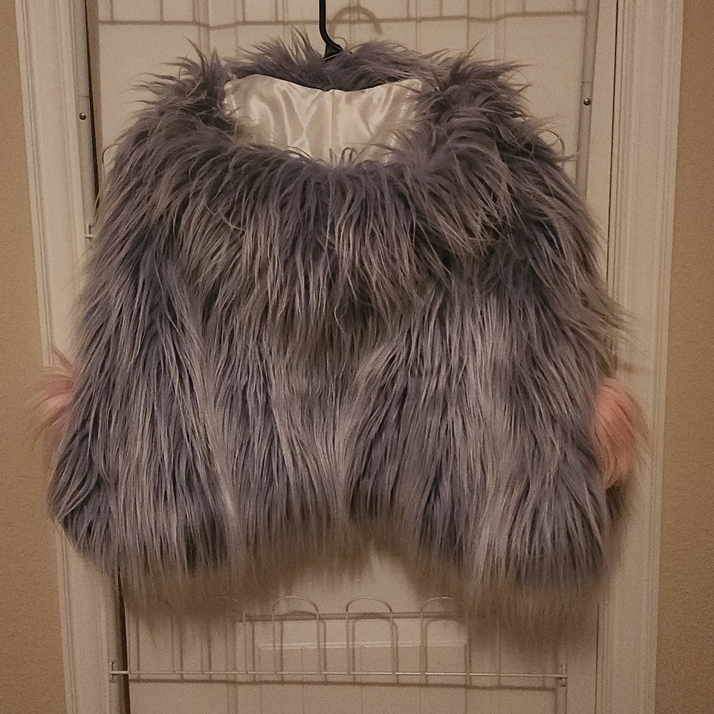 Kids Faux Fur Blue Jacket With PINK Pom Pom Accents